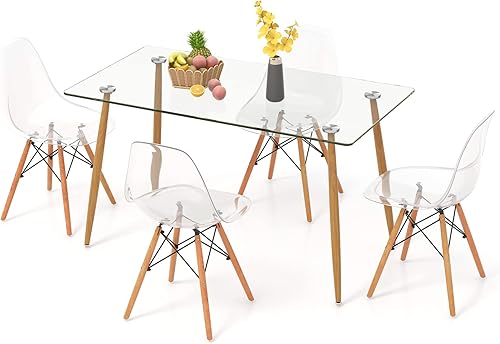 Miniatura 8 de Giantex 5-Piece Dining Table Set, Modern Dinette Set of 5, 51" L X 27.5" W Table & Chair Set for 5, Rectangular Glass Dining Table & 4 Transparent