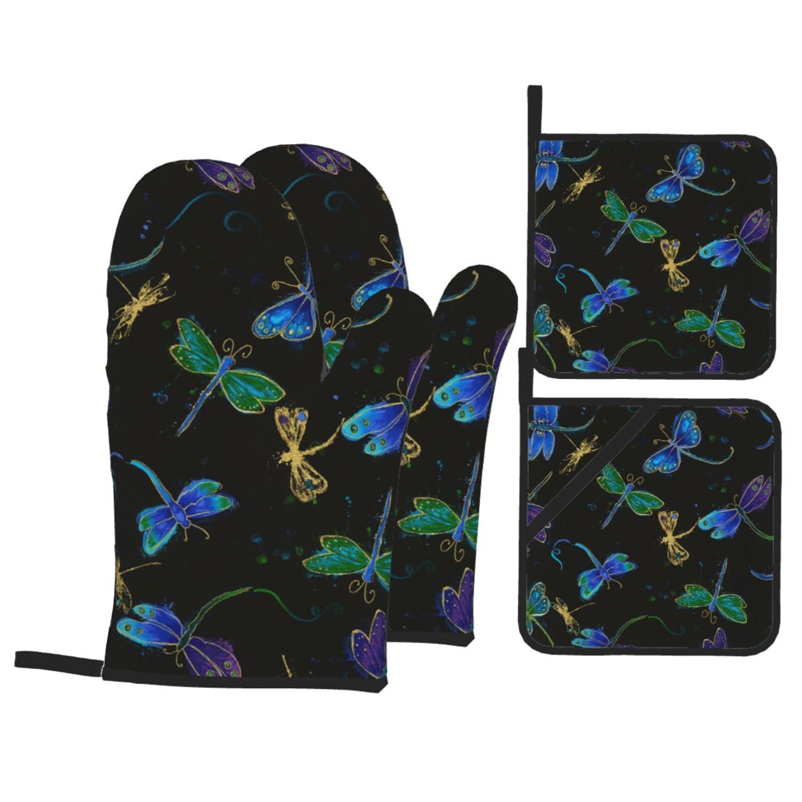 Dragonfly Oven Mitt and Pot Holder 4-Piece Set for Kitchen, Outdoor Grill, Baking