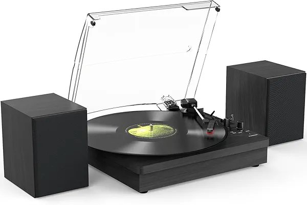 Vinyl Record Player with Two Stereo Speakers, Bluetooth Playback Turntable with 3 Speed AUX Headphone Input and RCA Out, Retro Black