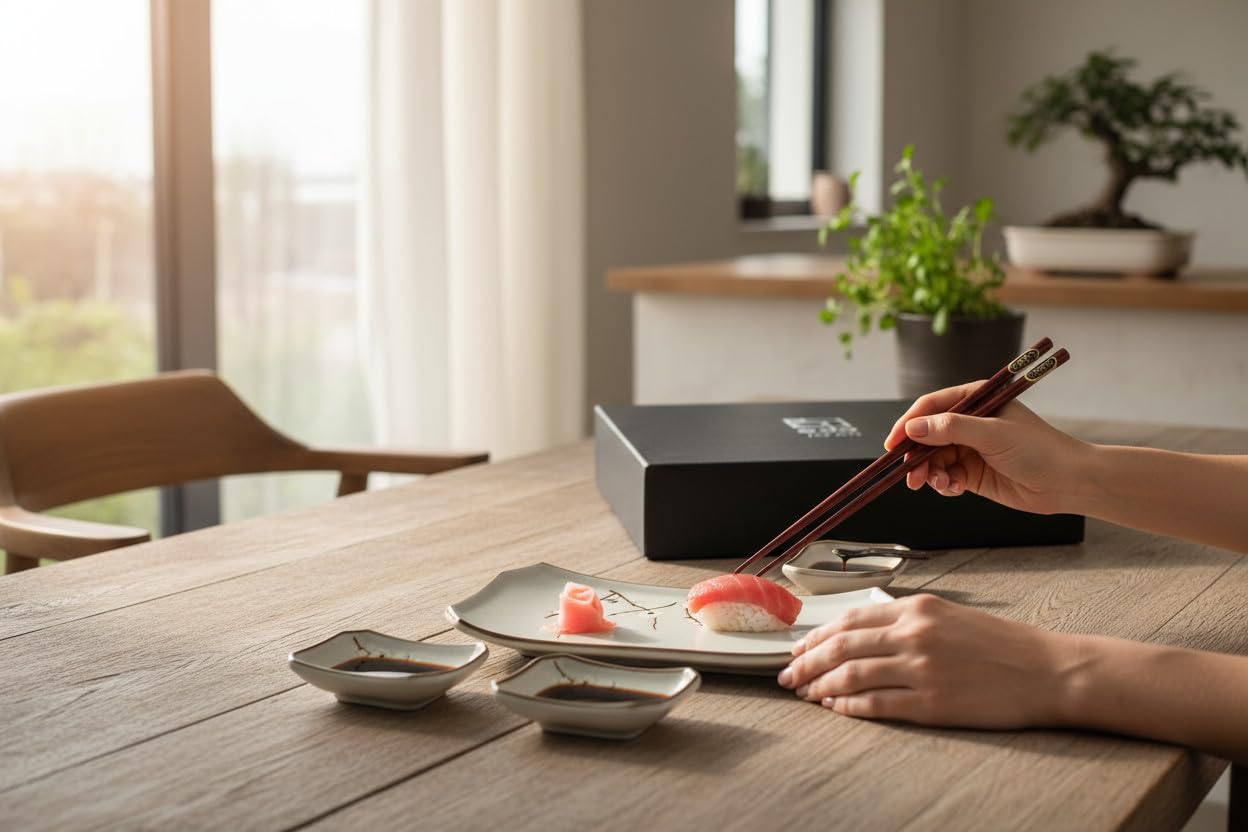 JAPAN ORIENTAL SUSHI TELLER SET | Sushi Geschirr Set | 6-teiliges Sushi-Set für 2 Personen | Sushi-Teller, Schalen und Essstäbchen in verschiedenen Asia Designs - Made in Japan (Hana Hellgrün)