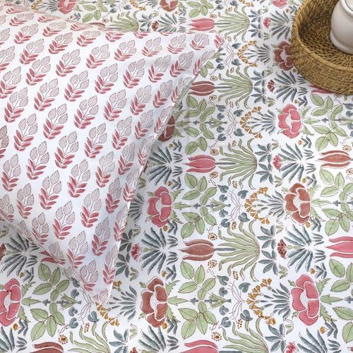 Image of TOAI Hand Block Printed Jaipuri Bedsheet | Bed Sheet Flatsheet | Pure Cotton | Single Bed Size 60 inchx90 inch | 300 TC Bedsheets | Includes 1 Pillow Cover |Spring Floral (Multicolour Floral)