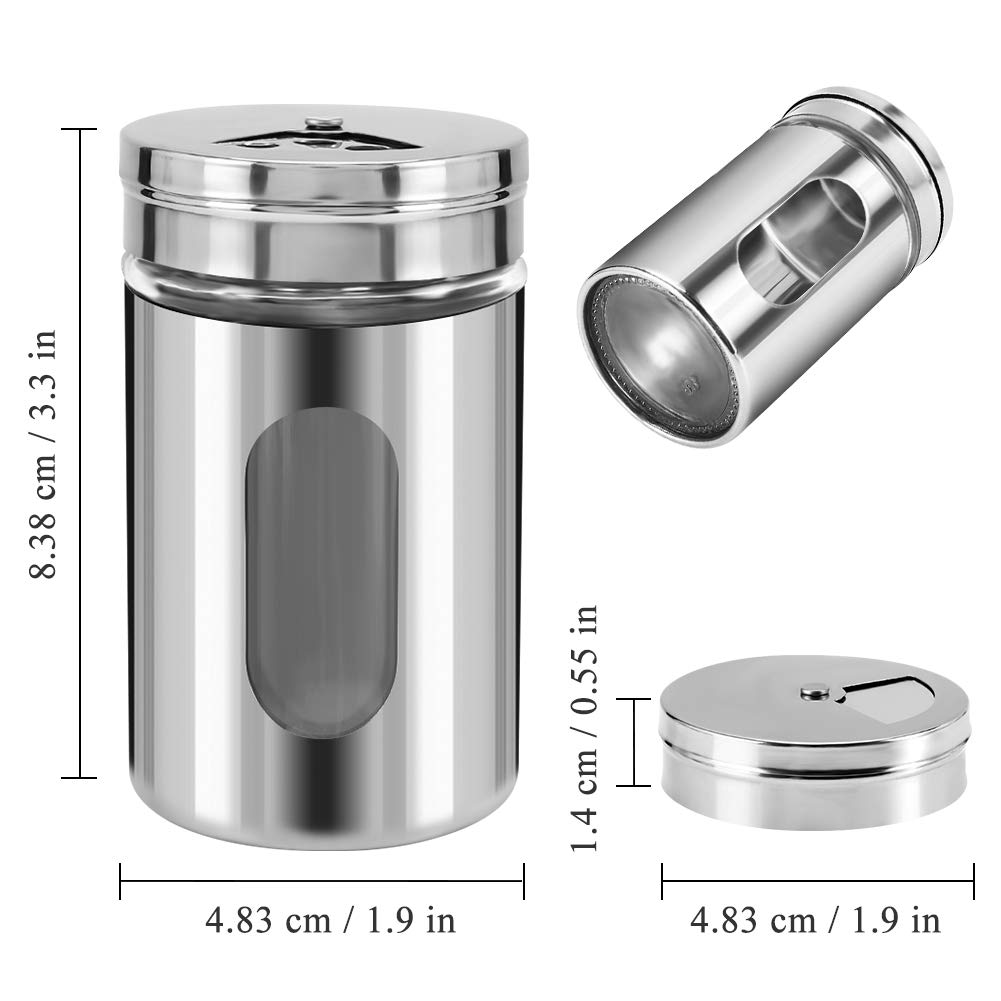 2 saleros y pimenteros, coctelera de acero inoxidable para sal en polvo, azúcar, canela, pimienta, dispensador de especias con agujeros de vertido ajustables, color plateado 9