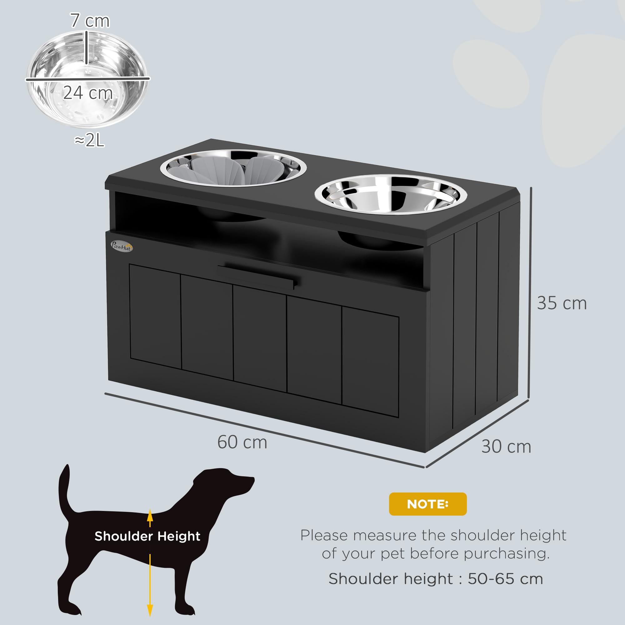 PawHut Cuenco elevado para perros con comedero lento, cajón para perros extragrandes, color negro | Dos cuencos de acero inoxidable