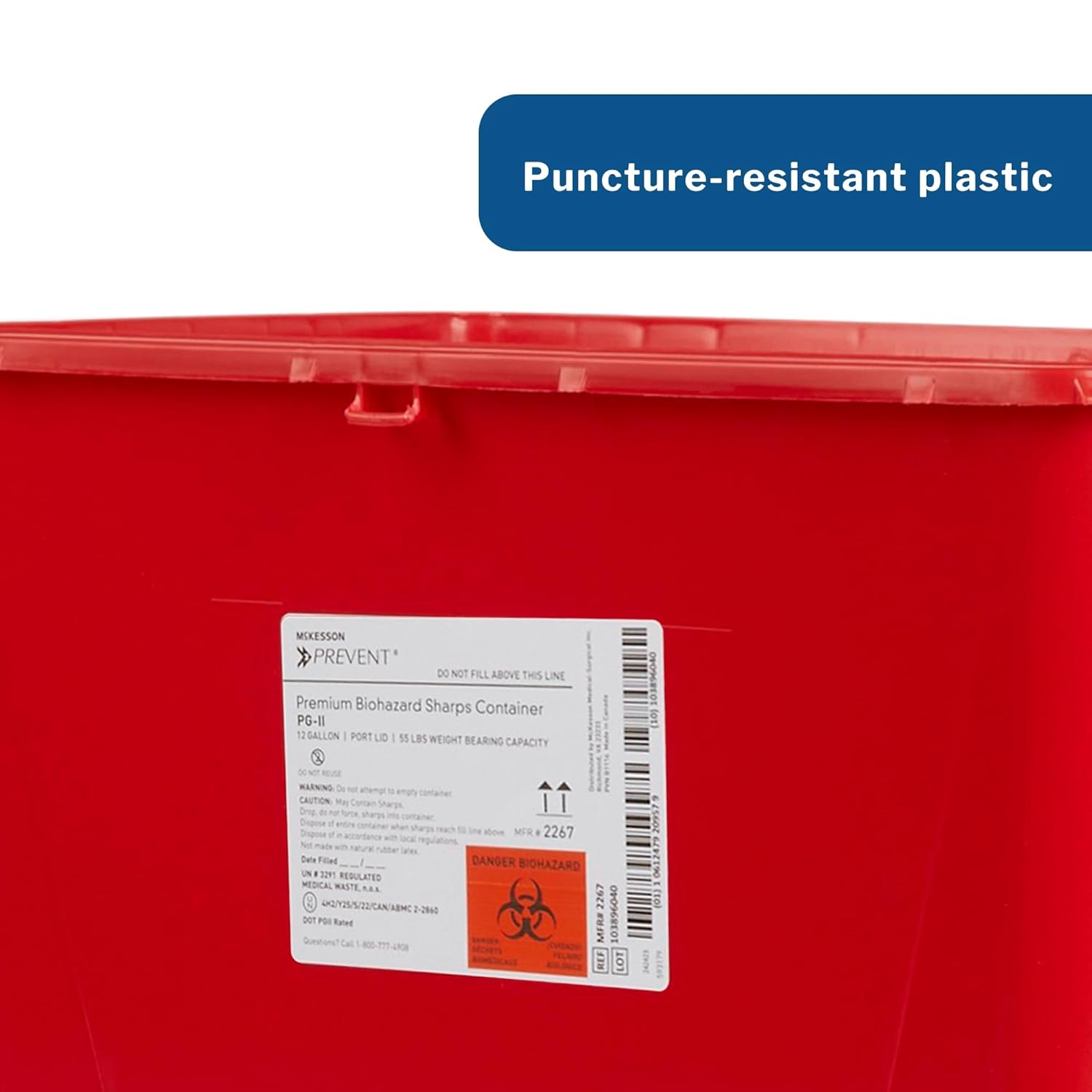 McKesson Prevent Biohazard Sharps Container, Premium - PG-II, Plastic, Vertical Entry, Rotating Lid - Red, 12 gal, 13 in x 17 3/10 in x 20 4/5 in, 8 Count