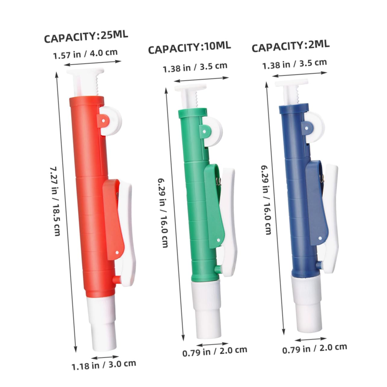 Set de 3 Bombas para Pipetas de Plástico Control de Precisión, Capacidad 2ml, 10ml y 25ml, para Aplicaciones y Tareas de Laboratorio