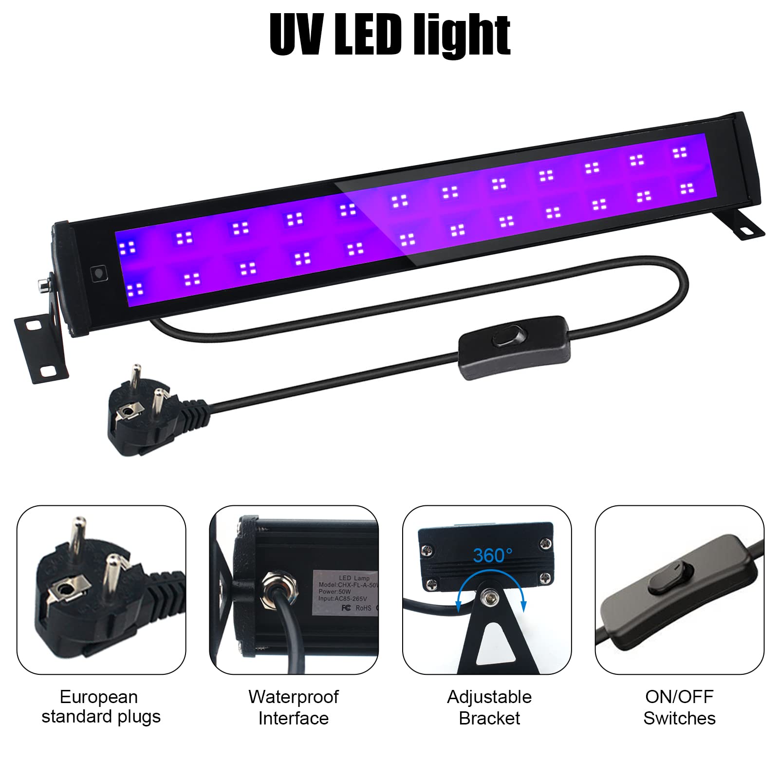 50W Luce Nera UV Faretto UV LED IP66 Impermeabile,395-400nm,Barre Illuminanti 96 LEDs Faro Luce UV light per Fluo Decorare Bar Halloween Festa Glow Pittura Fluorescente