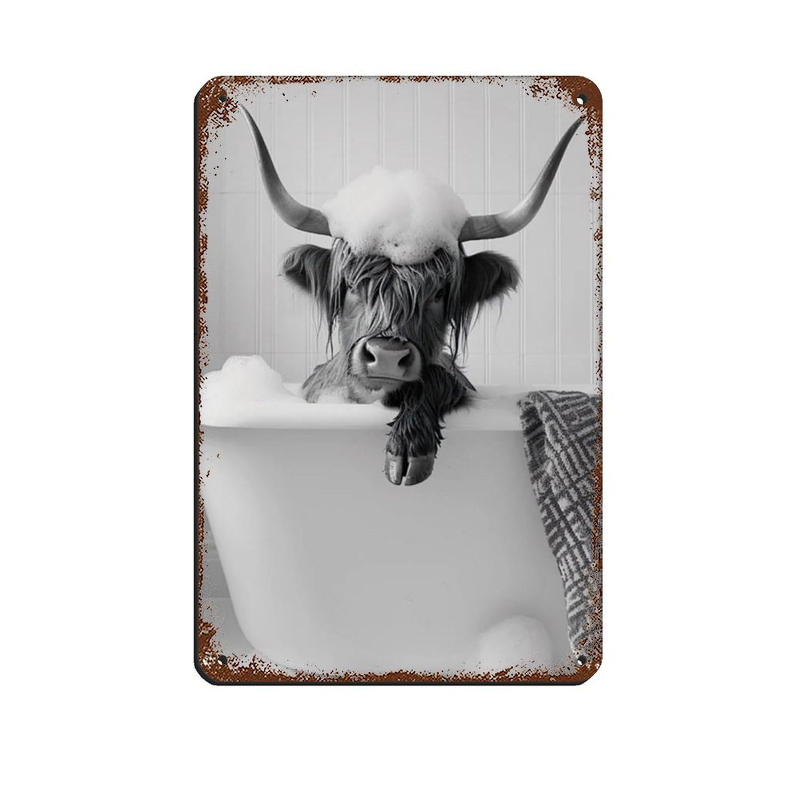 Lxwnze 20L X 30W Cm Highland Cow In The Bathtub, Funny Animal Poster (2) Tin Sign Vintage Metal Pub Club Cafe Bar Home Wall Art Decoration Poster Retro 8X12inch(20X30cm)