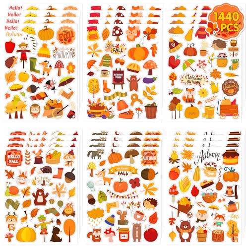 LINAYE 48 Sheets Fall Stickers for Kids, 1440 PCS Autumn Leaves Pumpkin Thanksgiving Stickers Crafts for Scrapbooking,Water Bottles,Envelopes Party Favors for Kids