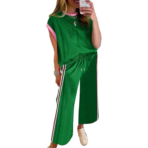 SHEWIN Women's 2 Piece Lounge Sets Casual Cap Sleeve Pullover Tops and Drawstring Wide Leg Pants Tracksuit Sets