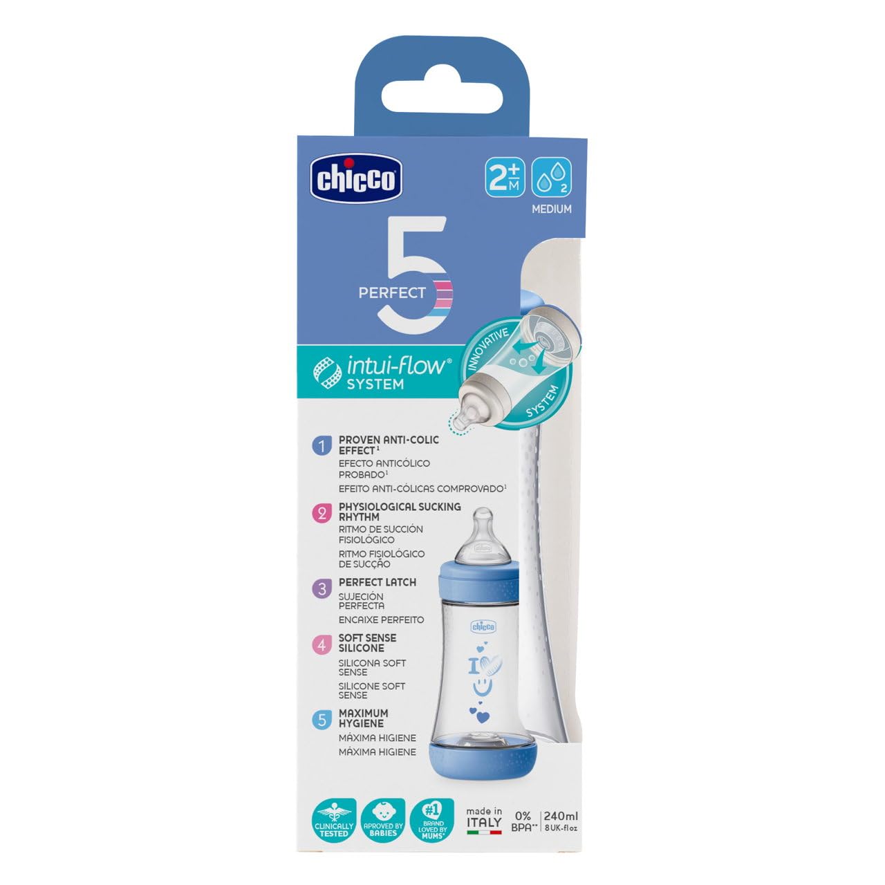 Chicco Perfect 5 Flacone Anti-Colic Flacone da 240 ml, Flusso Medio, per Bambini 2 m+, Ciuccio in Silicone, Bottiglia per l'Alimentazione Biberon da 240 ml con Sistema Intui-Flow