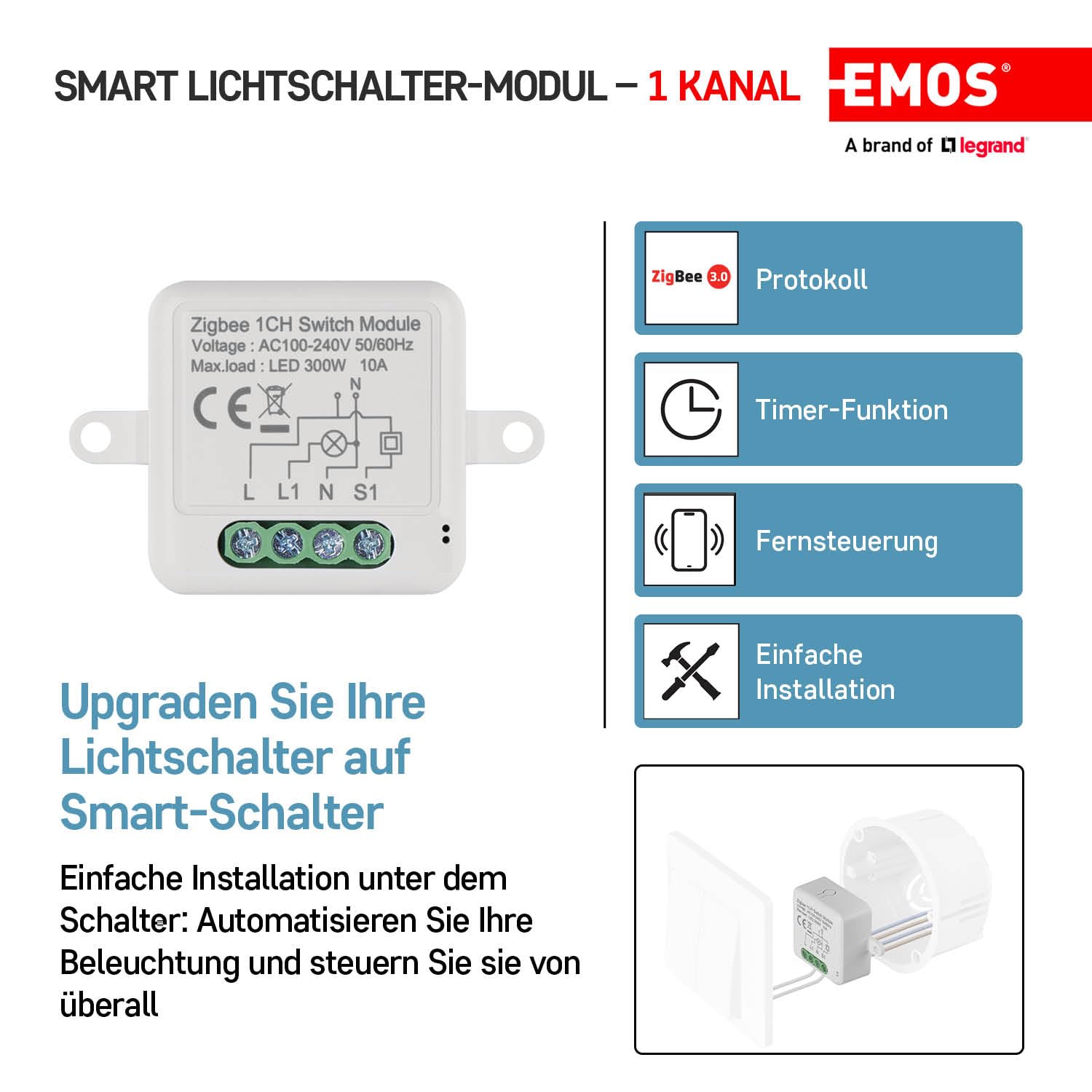 EMOS GoSmart - moduł włącznika światła Smart Home z aplikacją - ZigBee - do pojedynczego przełącznika - podtynkowy przełącznik przekaźnika do zdalnego sterowania, sterowanie głosem - kompatybilny z