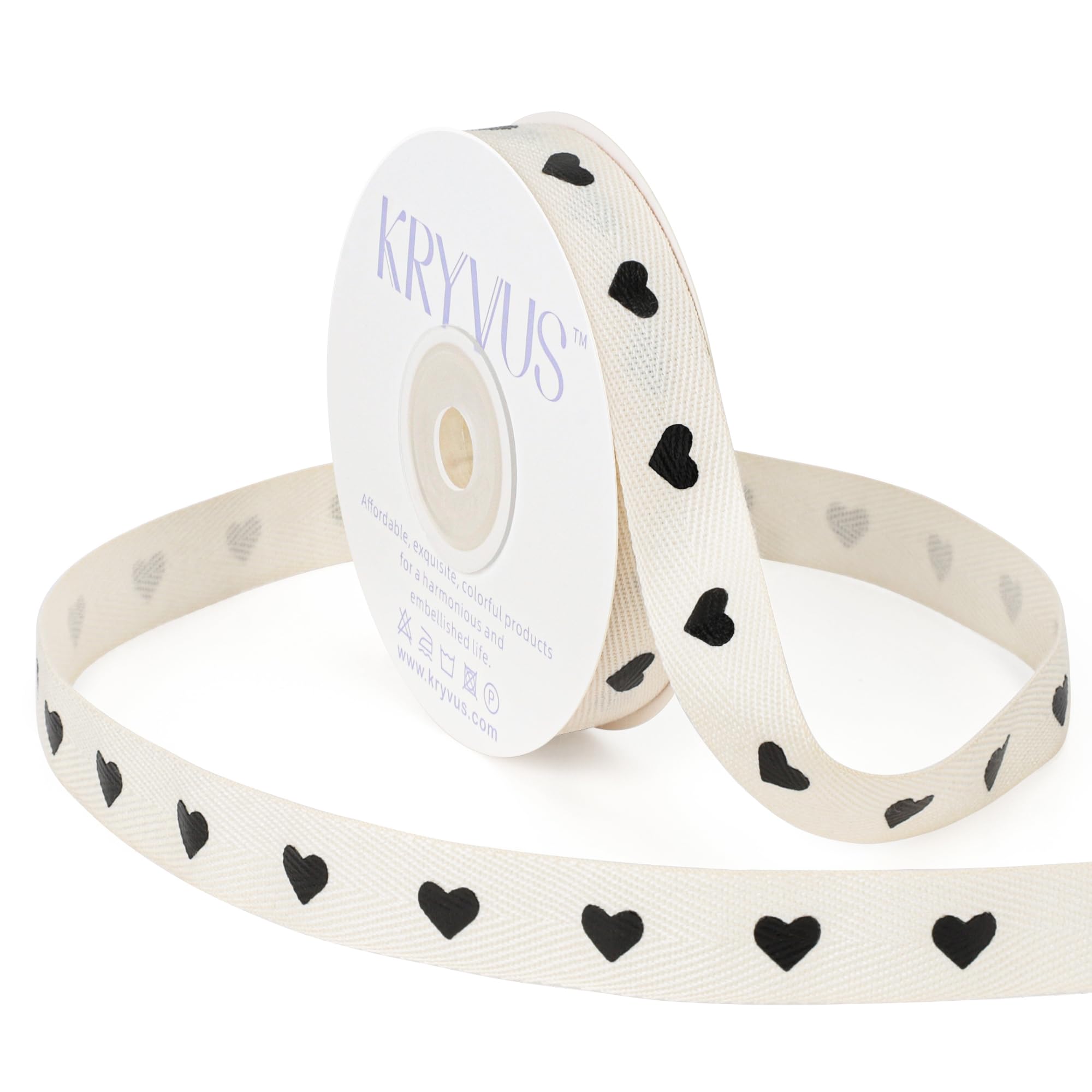 Kryvus Black Hearts Ribbon - 16mm x 11M Natural Twill Tape Ribbon, Cotton Herringbone Ribbons for Gift Wrapping, Birthdays, Weddings, Christmas, Anniversaries, Valentine's Day, Mother's Day — image 1