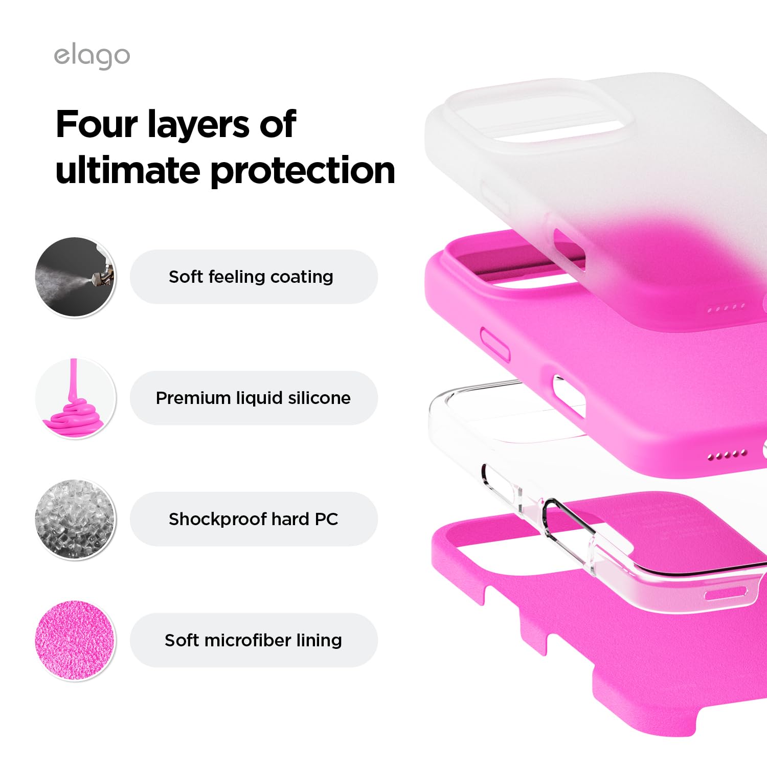 elago Compatibile con iPhone 16 Pro Cover, Cover in Silicone Liquido Premium, Cover Protettiva Completa, Antiurto, Cover Sottile, Fodera in Microfibra Antigraffio (Rosa Vivo)