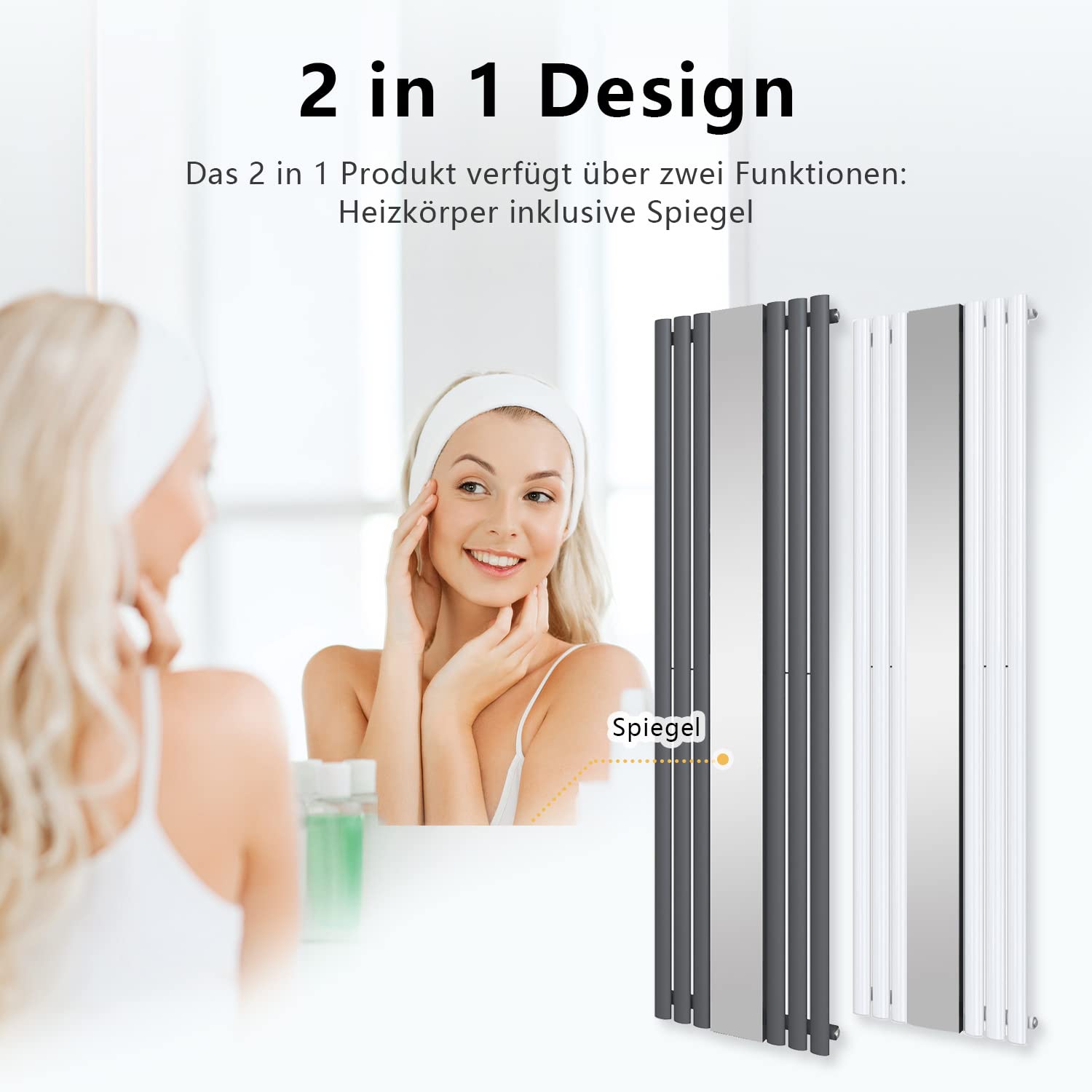 ELEGANT Radiateur de salle de bain design en tubes, avec miroir, 1 800 x 500 mm, anthracite, simple couche, raccord central, tube vertical