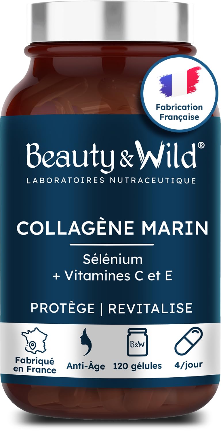 Collagène Marin Hydrolysé Naticol® Type 1 & 3 | Peau Élastique, Lisse & Hydratée | Cheveux Forts & Brillants | Articulations, Anti-Âge, Anti-Rides, Vitamine C, E & Sélénium,120 Gélules