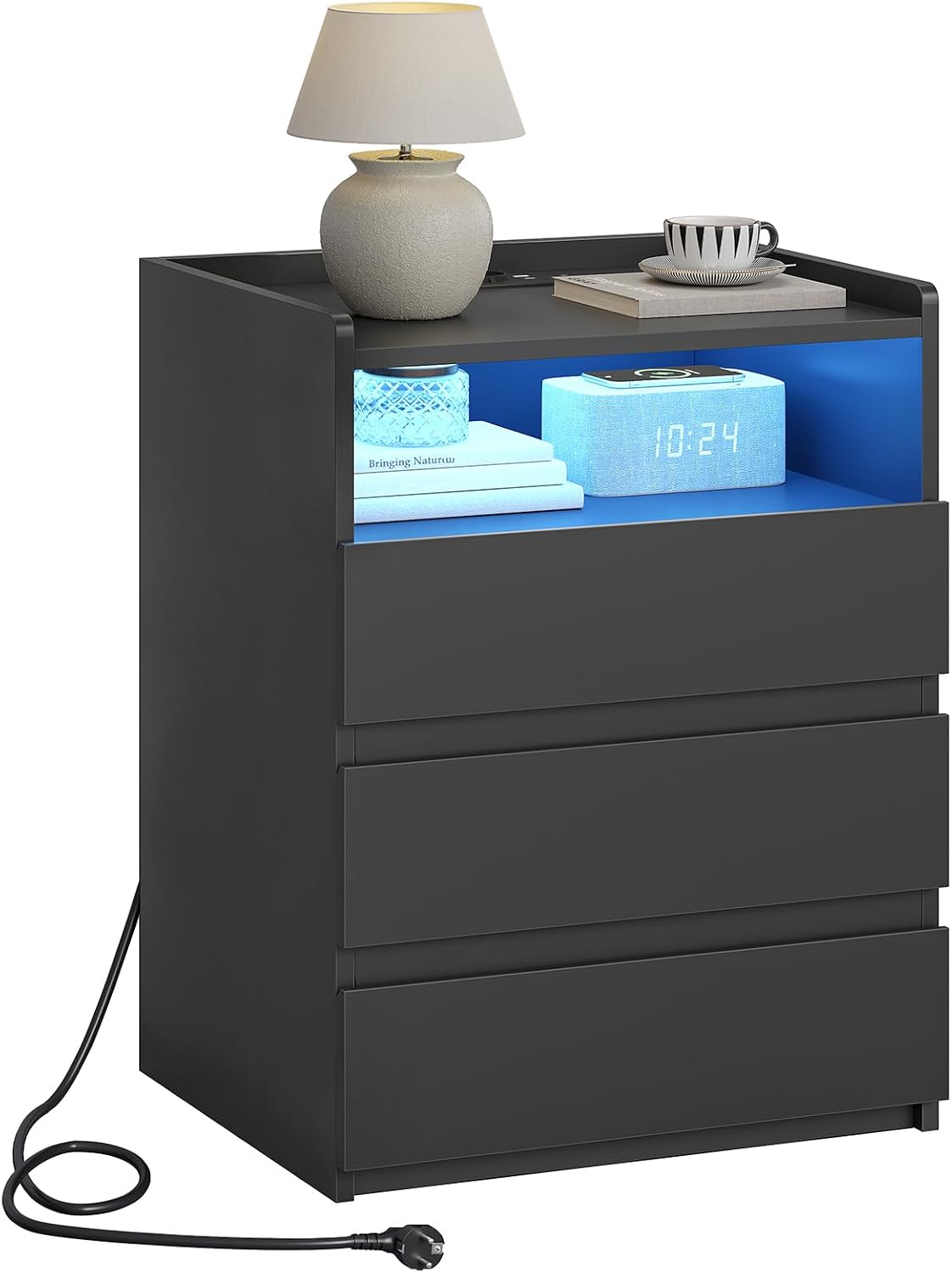 Bedside Table with Power Strip Bedside Table with Spacious Table Top 3 Drawers and 1 Compartment Side Table with LED Lighting Modern Sofa Table Coffee Table for Living Room Bedroom 1 Black