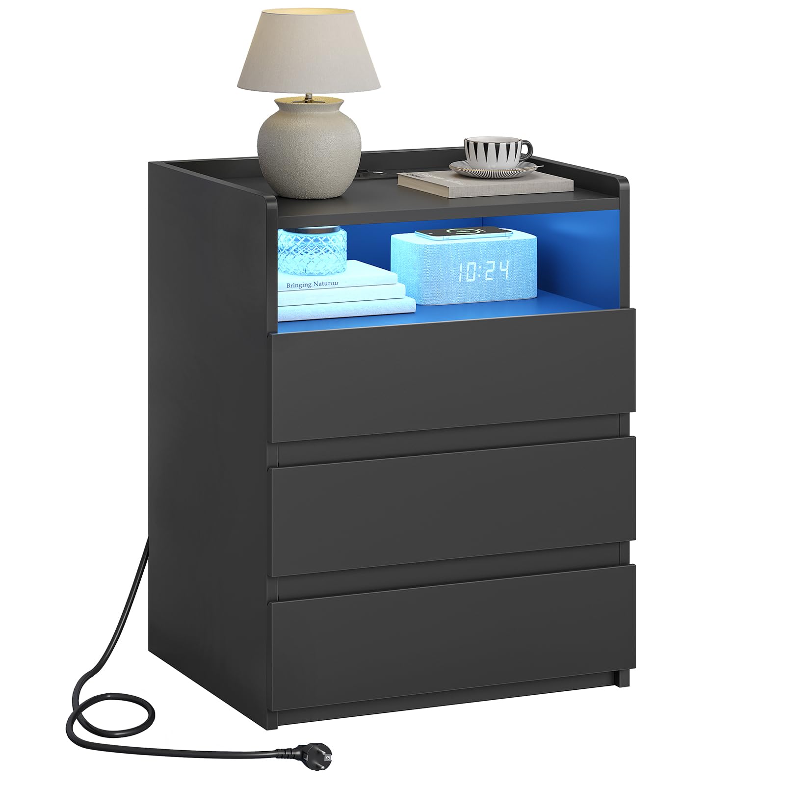 AOGLLATI Table de Chevet avec 2 Rubans LED et Multiprise,3 Tiroirs et 1 Compartiment Ouvert, pour Salon et Chambre, Table de Nuit Noire