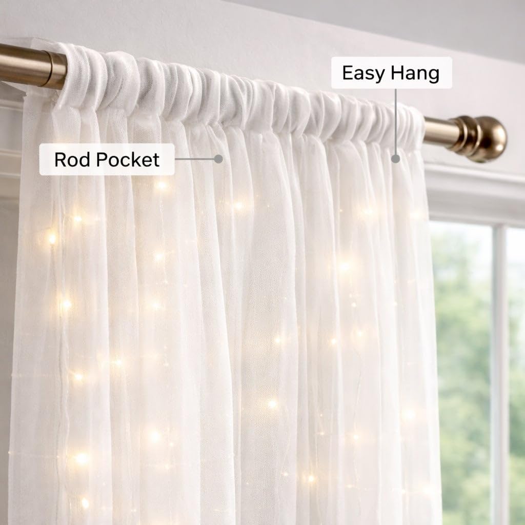 BrylaneHome Pre-Lit Rod-Pocket Curtain Panel - 54" W 84" L, White