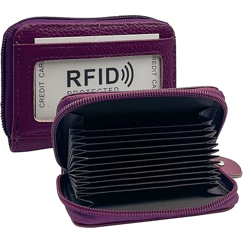 RFID Blocking Genuine Leather Credit Card Case Holder Security Travel Wallet - Purple