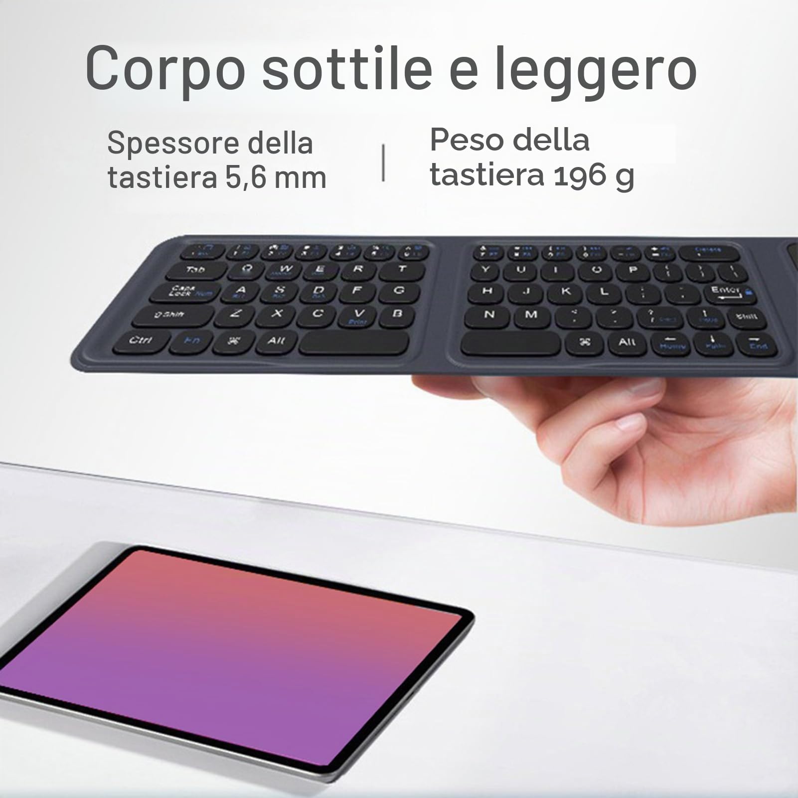 Tosuny Tastiera Bluetooth Pieghevole con Touchpad, Tastiera Wireless Pieghevole con Interruttore a Forbice, Tasto Silenzioso, Tastiere Pieghevoli Tascabili Full Size Ricaricabili per