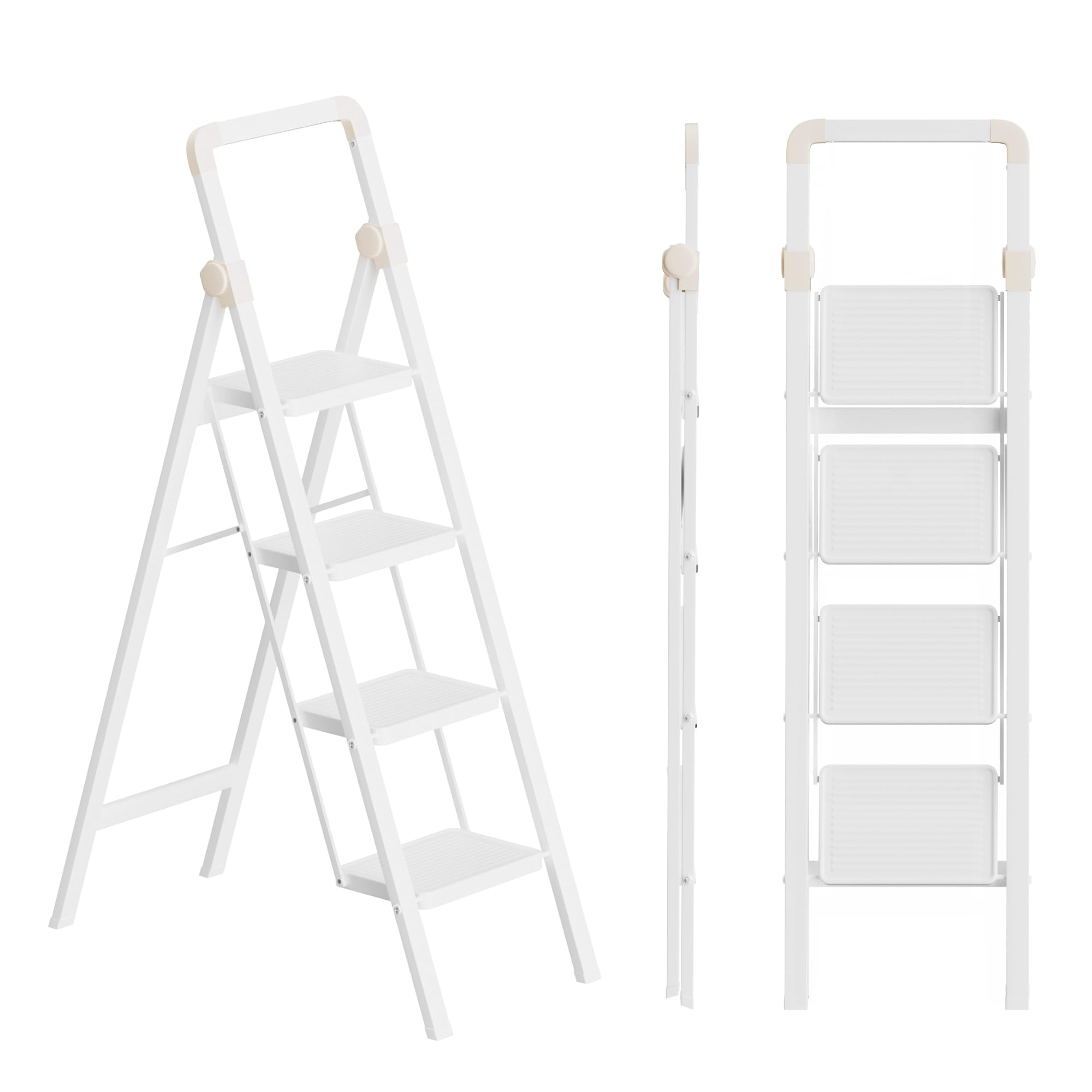 SOLADDER Step Ladder 4 Step Folding Stool with Anti-Slip Widened Sturdy Pedal and Handgrip, Portable and Multi-Use Iron Stepladder for Home, Kitchen,