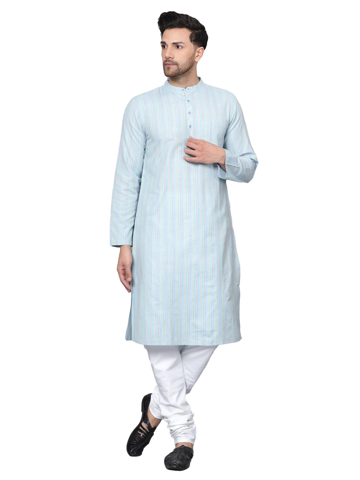 Rare Rabbit Men's Cotton Regular Striped Knee Lenght Kurta Full Sleeves - Casual Ethnic Wear in neutral