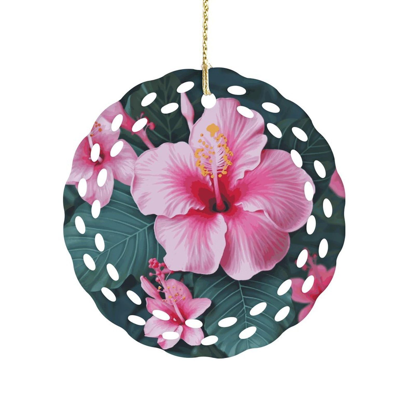 Btcowzrv Style Hawaii Pink Flower Ceramic Ornament,Round Ornaments With Hole Easy To Hang,Hanging Ornament For Wedding Party Home Window Garden Christmas Day Decor