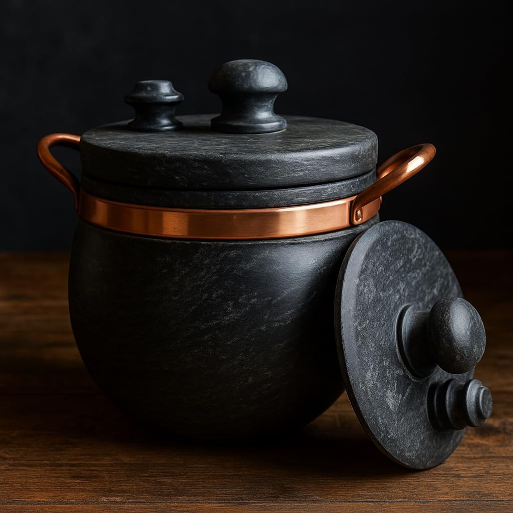 Handcrafted Brazilian Soapstone Pressure Cooker, 4.0L, Black with Copper Handles Handcrafted Brazilian Soapstone Pressure Cooker, 4.0L, Black with Copper Handles