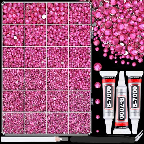 Image of 25000Pcs Resin Rhinestones with Tweezers for Crafting, Hot Pink 2-6mm Mixed Sizes Bedazzling Crystal with 3Pcs 10ml B7000 Jewelry Glue for DIY Crafts Clothing Tumblers Shoes Fabric Nail Art