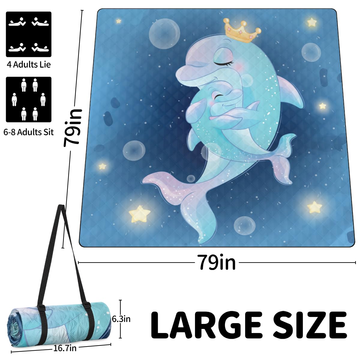 Shimoshe Extra Large Picnic Blankets 79”x 79”, Fantasy Dolphin Waterproof Foldable Picnic Mat with Straps Portable Beach Blanket for Camping Park Grass Beach Indoor