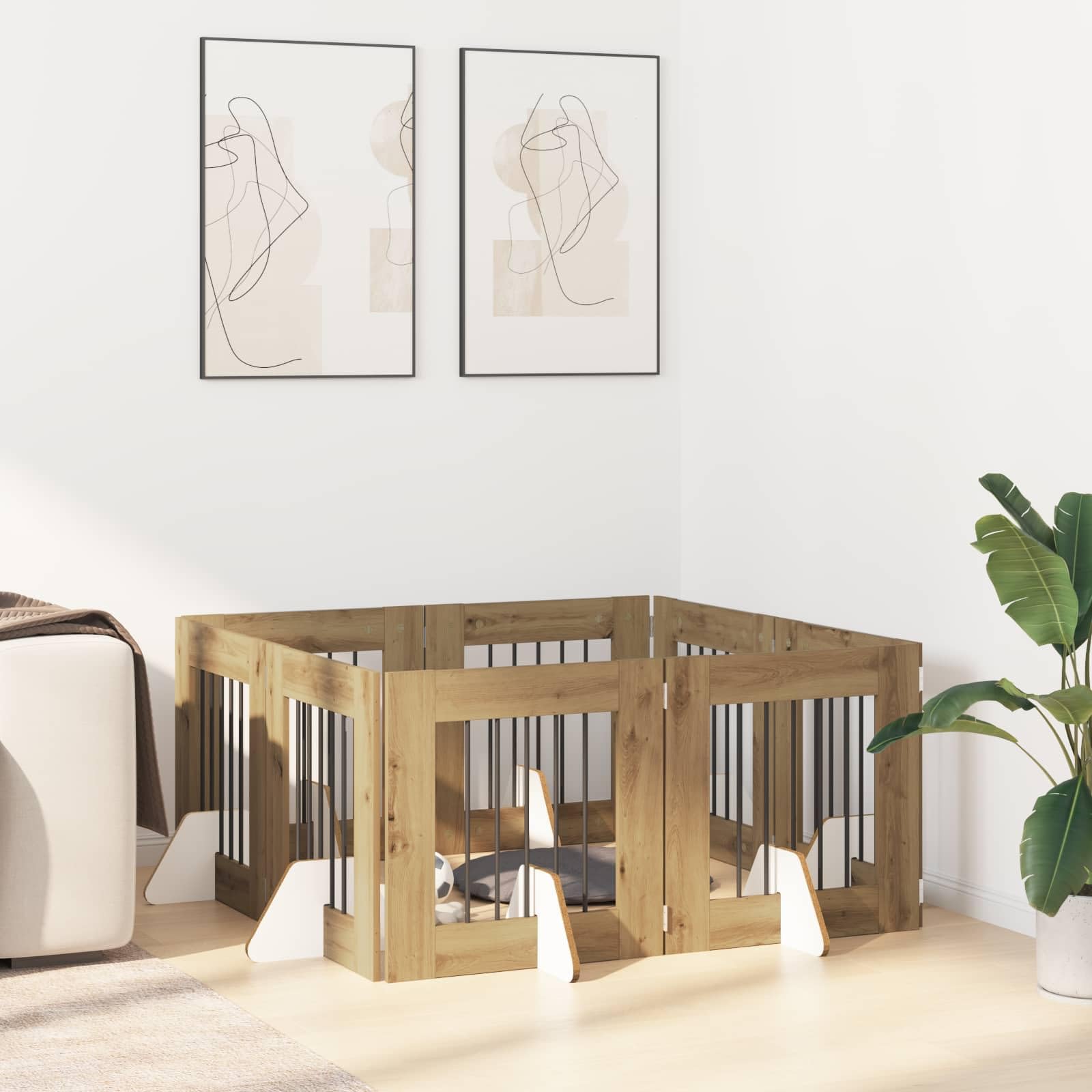 Puerta para perros con soporte de metal y roble Artisan, 8 piezas, 60 x 60 cm, plegable, para interior y exterior, seguridad, protección y separación de cachorros y perros en el jardín