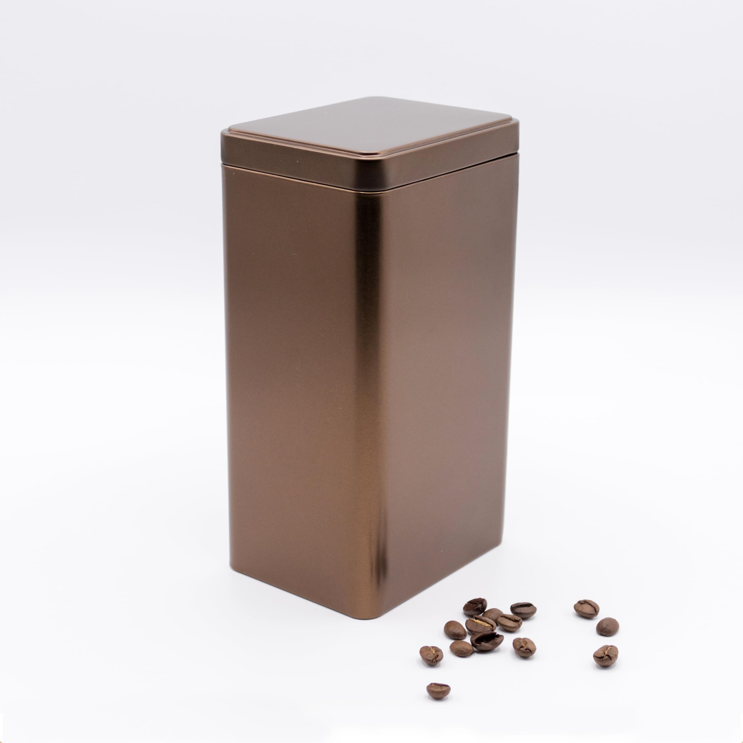 6 kwadratowych pojemników na herbatę z wewnętrzną pokrywką dodatkowo chroniącą aromat, kolor brązowy antracyt, hermetyczne w metalu na 150 g Earl Grey | 10,5 x 8 x 8 cm (wys. x szer. x