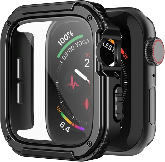 Recoppa Rugged Apple Watch Case 45mm Series 8/7 with Screen Protector, Durable Military Grade Quattro Pro Series Drop-Proof Protective Cove Full Coverage Shock-Proof Bumper for Men iWatch 45mm(Black)