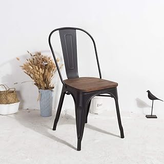 JA STORE FR - Silla Estilo Industrial Factory de Metal Negro Mate y Asiento de Madera