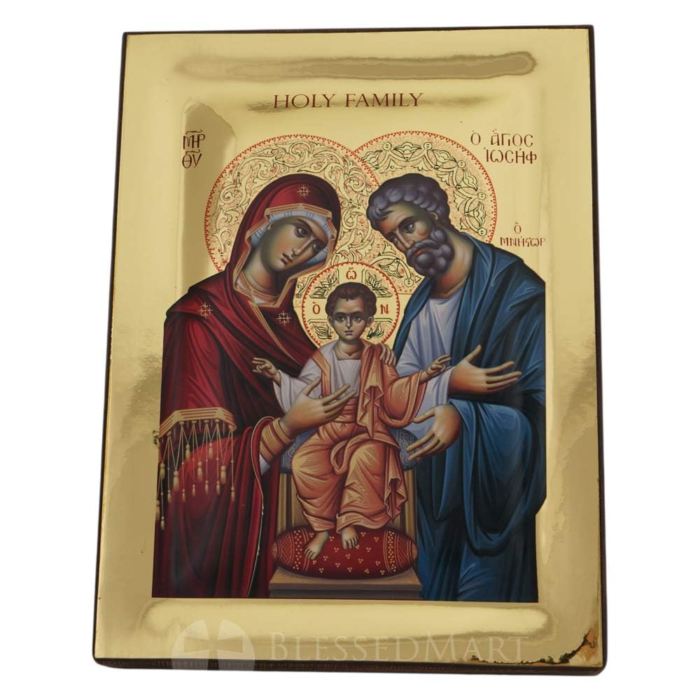 BlessedMart Heilige Familie Ikone - orthodoxe byzantinische Ikone handgefertigt auf natürlichem Massivholz Geschenk fertig - Versand in einer Box