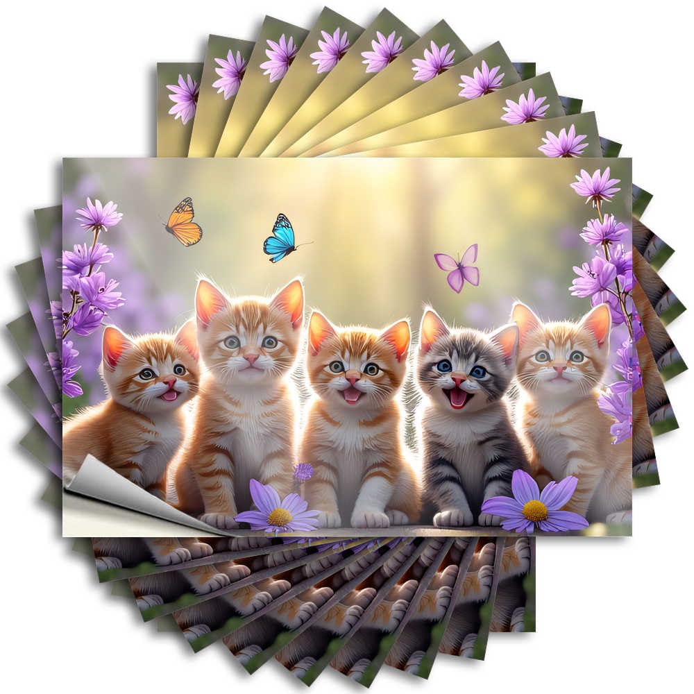 Abipuir - Mechanical Stickers Five Cute Kittens in a Garden with Butterflies and Flowers, 10 Man Cave Car Decals Posters (8 x 12 cm)