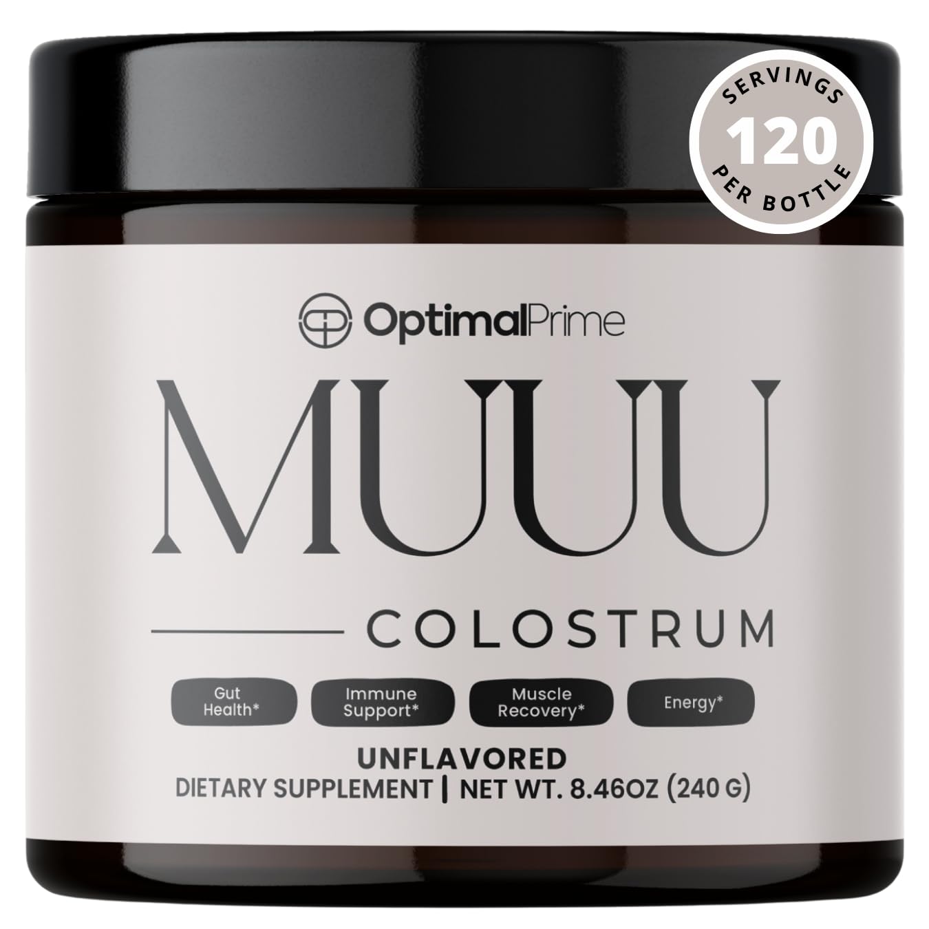 Optimal PrimeMUUU Bovine Colostrum Supplement and Superfood Powder for Gut Health, Bloating, Immune Support, Hair, Skin, and Nails Unflavored, 120 Servings