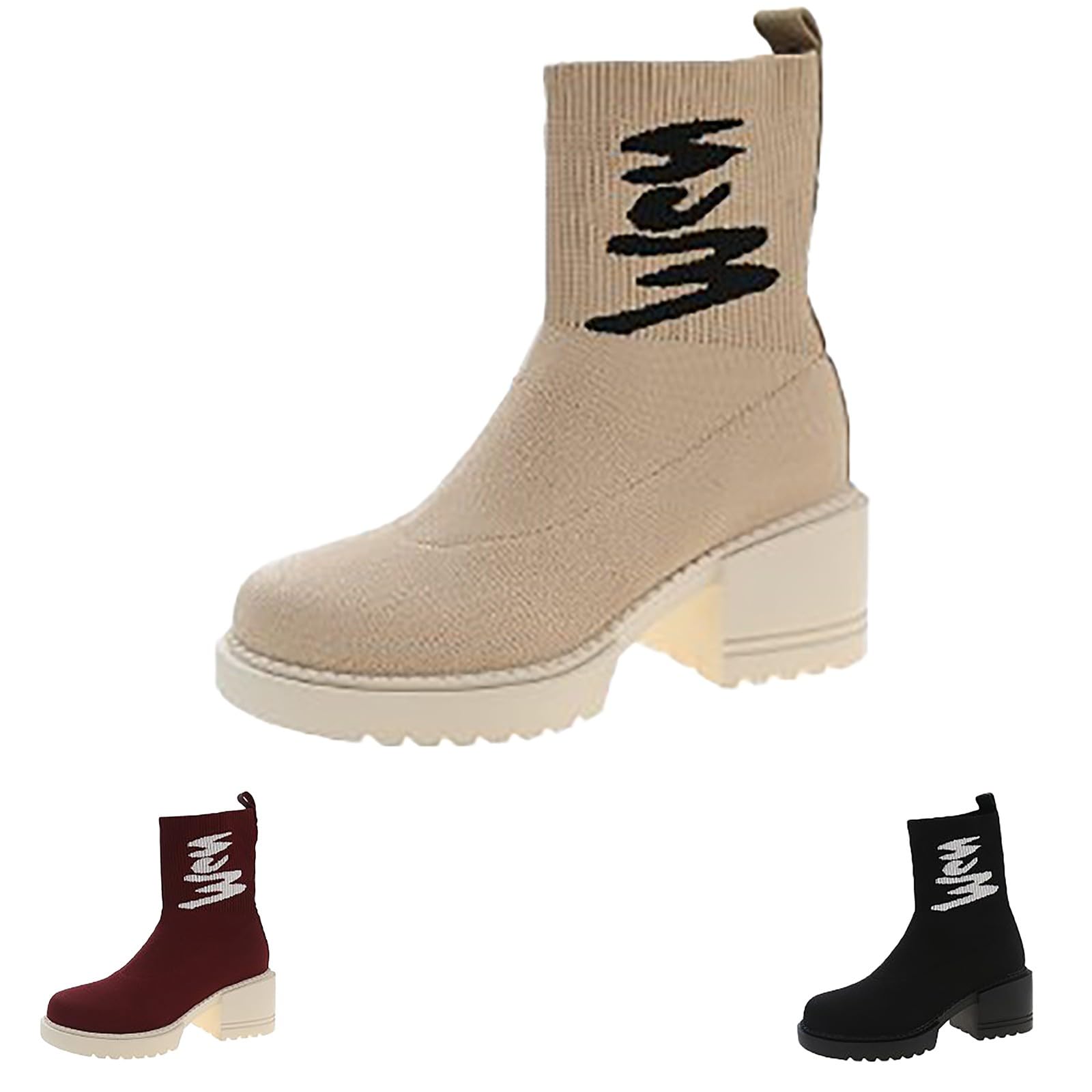 Stivali da donna con punta tonda eleganti con tacco | Stivali da equitazione Chelsea a media altezza, antiscivolo, in similpelle (beige, nero, rosso)