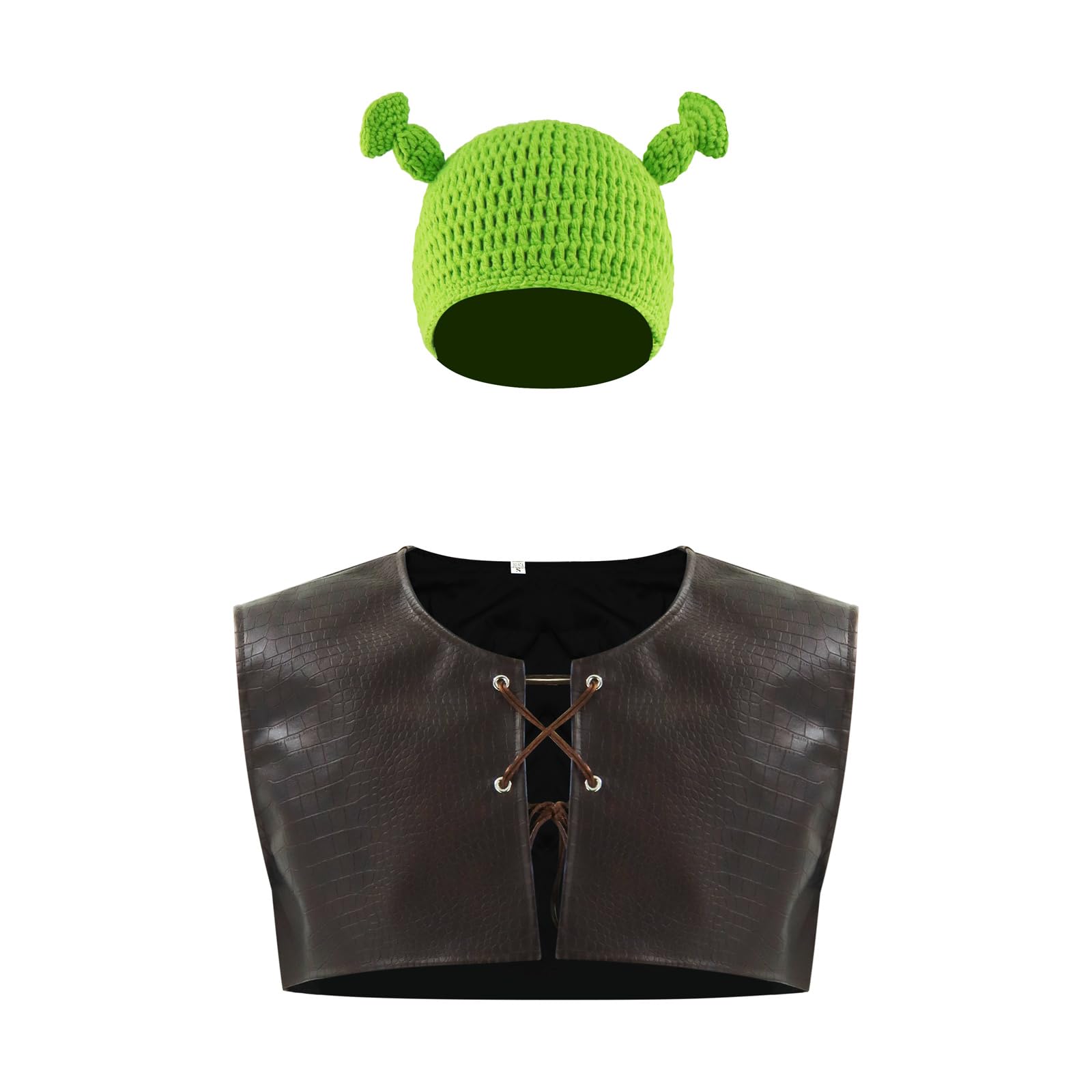 AYYOHON Green Ogre Costume Leather Vest Ears Hat Set Sublimated Halloween T Shirt Knitted Ears Beanie Adult Cosplay Outfits 2XL