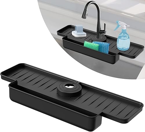 Protector de salpicaduras de silicona para fregadero de cocina, bandeja de recogedor de agua mejorada para grifo, 15.75 x 5.5 x 2 pulgadas,