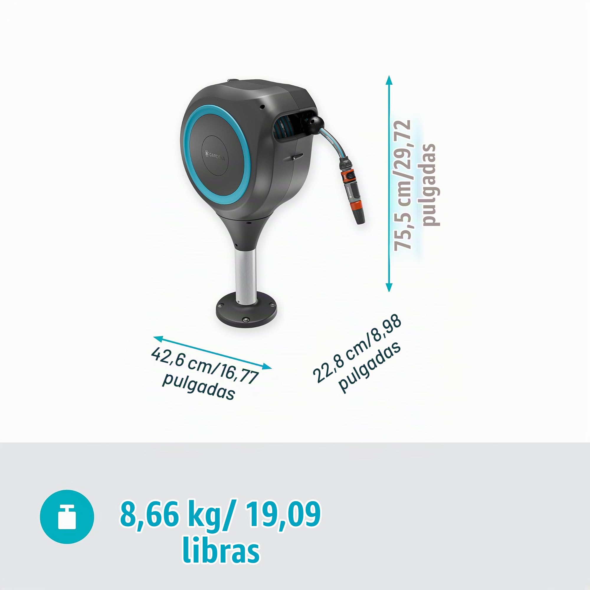 Gardena Portamanguera de terraza RollUp M: Portamanguera resistente, con tecnología RollUp y manguera de 20 m, riego de jardines medianos con terraza, enrollado automático, turquesa (18615-20)