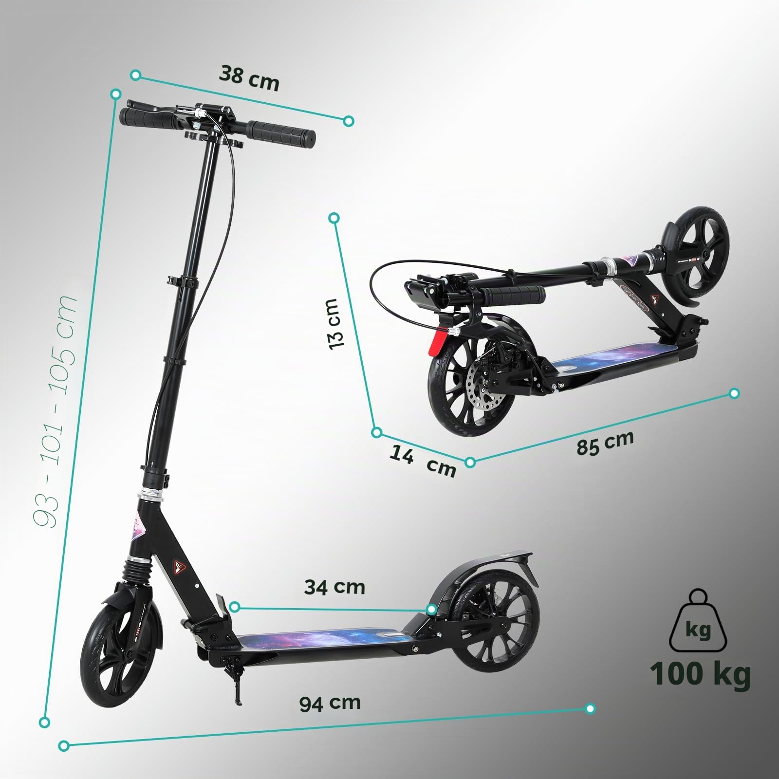 ISE Patinete Scooter Plegable Adulto Niño Manillar Ajustable 93-107cm Ruedas 200mm Freno de Mano Máx 100kg