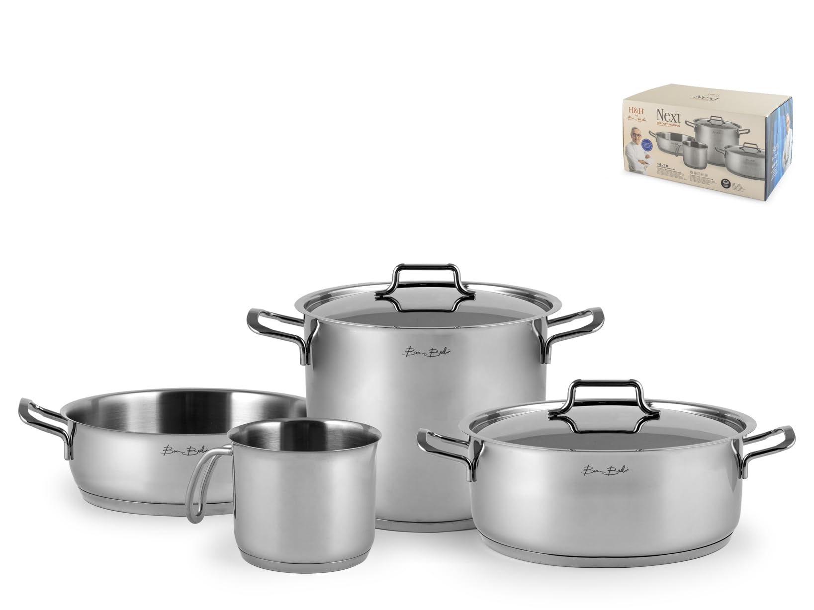 H&H by Bruno Barbieri, Batteria di Pentole, Acciaio Inox 18/10, Set 6 Pezzi, Casseruola, Tegame, Bollilatte con Coperchi, Triplo Fondo, Adatto a tutti i Piani Cottura