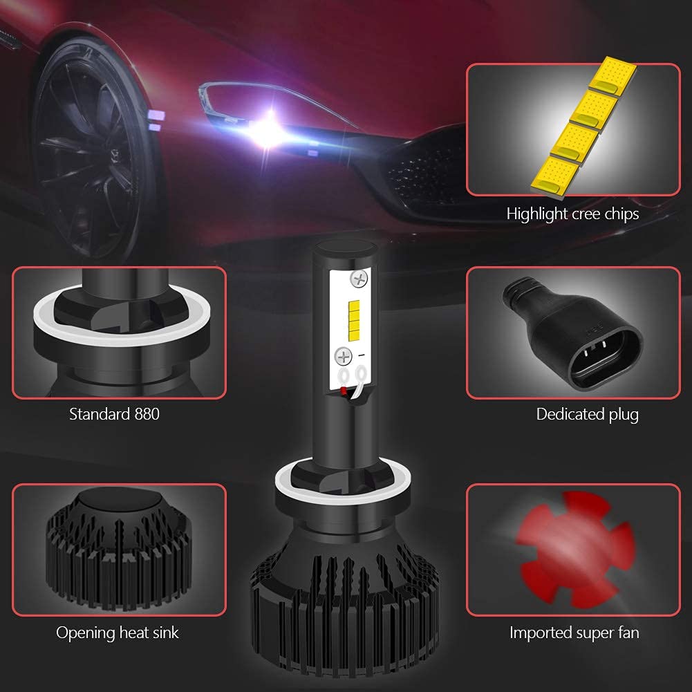 880 H27 Kit de Conversion D'ampoules de Phare Ampoules à LED Super Brillantes 16000LM 16 puces XHP50 Blanc Pur 6500K étanche, DC 9-32V, Garantie de 2 Ans (Pack de 2)