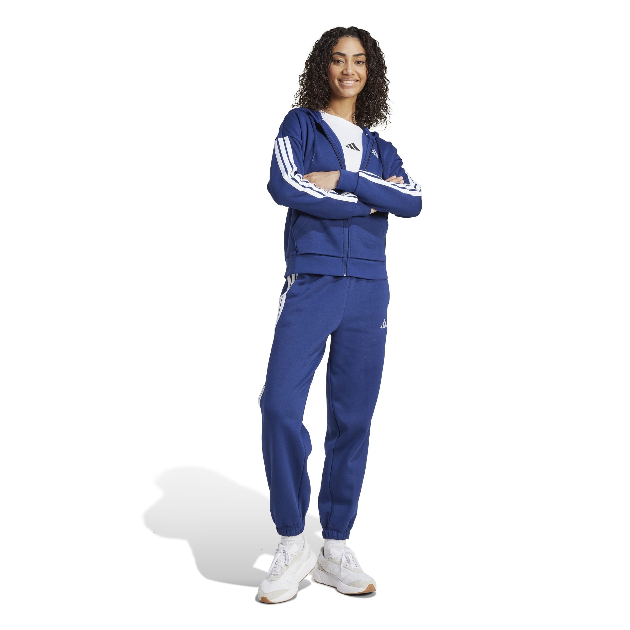 adidas Kobiety Essentials 3-Stripes Full-Zip Fleece Hoodie Sweatshirt, dark blue/white, S