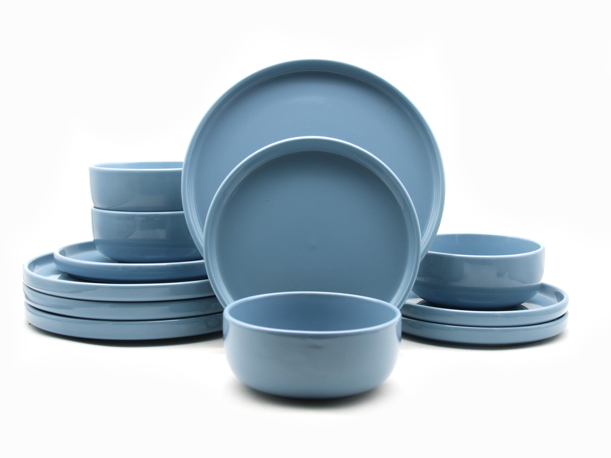 Waterside 12pc Pastel Blue, Lipped Stoneware Dinnerware Set, 4 Dinner Plates, Side Plate and Bowls