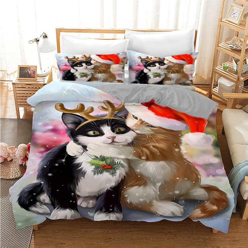 Parure de Lit 90x190 Enfant Chat de Noël le Cadeau Idéal pour Filles et Garçons