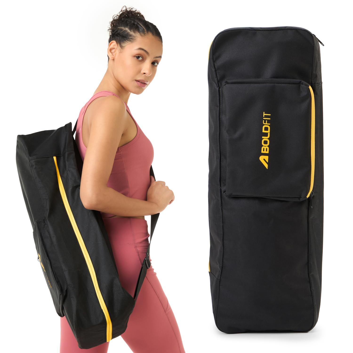 Boldfit Yoga Mat Cover Bag Black Yoga Mat Case for Carrying Polyester Exercise Yogacase Bag with Zipper & Shoulder Strap Yogamat Bags Cover Upto 10mm Thickness Matcase Yogabag - Black