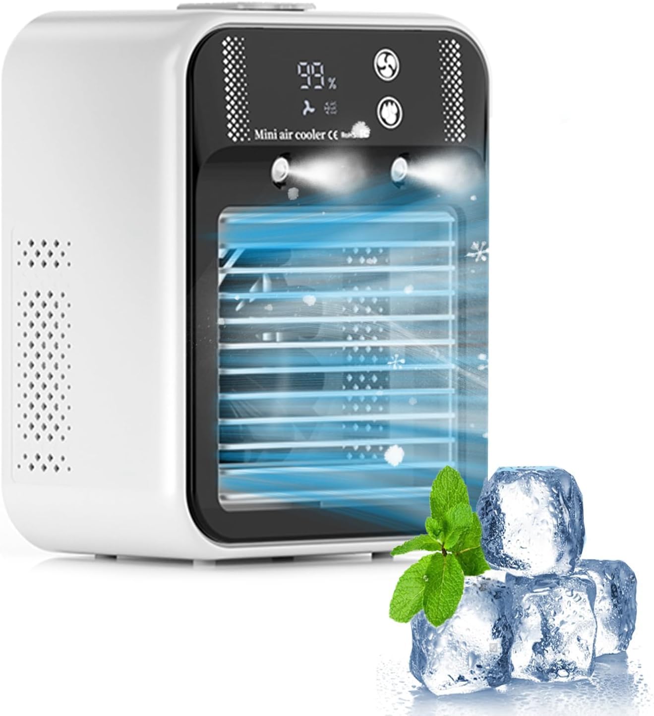 Climatiseur portable, climatiseur portable silencieux 4 en 1, capacité de 500 ml, deux vitesses de ventilation, deux modes de pulvérisation, mini climatiseur, convient aux bureaux Touches Tactiles