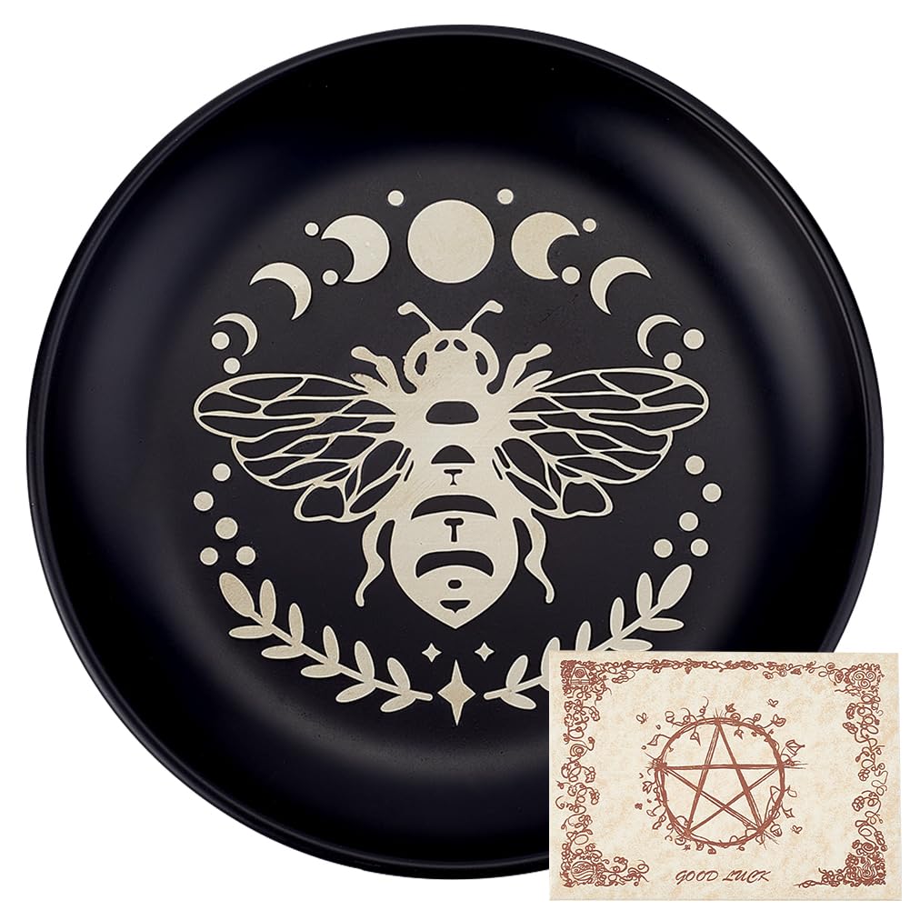 CREATCABIN Bees Phase Moon Ritual Plate Altar Flat Bowl Round Tray Prayer Offering Bowl Dish Candle Holder with Divination Card Jewelry Dish for Smudging Incense Burner Meditation Tarot 5.55Inch — image 1